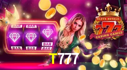 Una escena digital vívida inspirada en casino con T777 mostrado prominentemente, luces brillantes, fichas, cartas y acentos dorados.