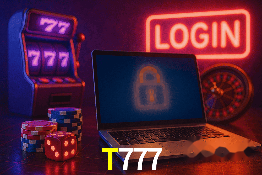 Escena dinámica inspirada en casino con iluminación T777, cartas, fichas e íconos de juegos digitales en un espacio moderno de juegos.